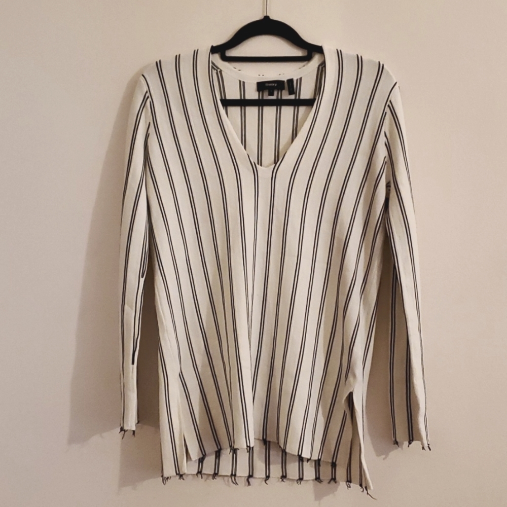 Theory White and Black Striped Tunic Sweater